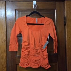 NWT Last Tango Orange Ruched Scoop Neck 3/4  Sleeves Top Sz M/L